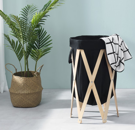 Panier à Linge en Bois & Tissu – Design Chic et Pliable